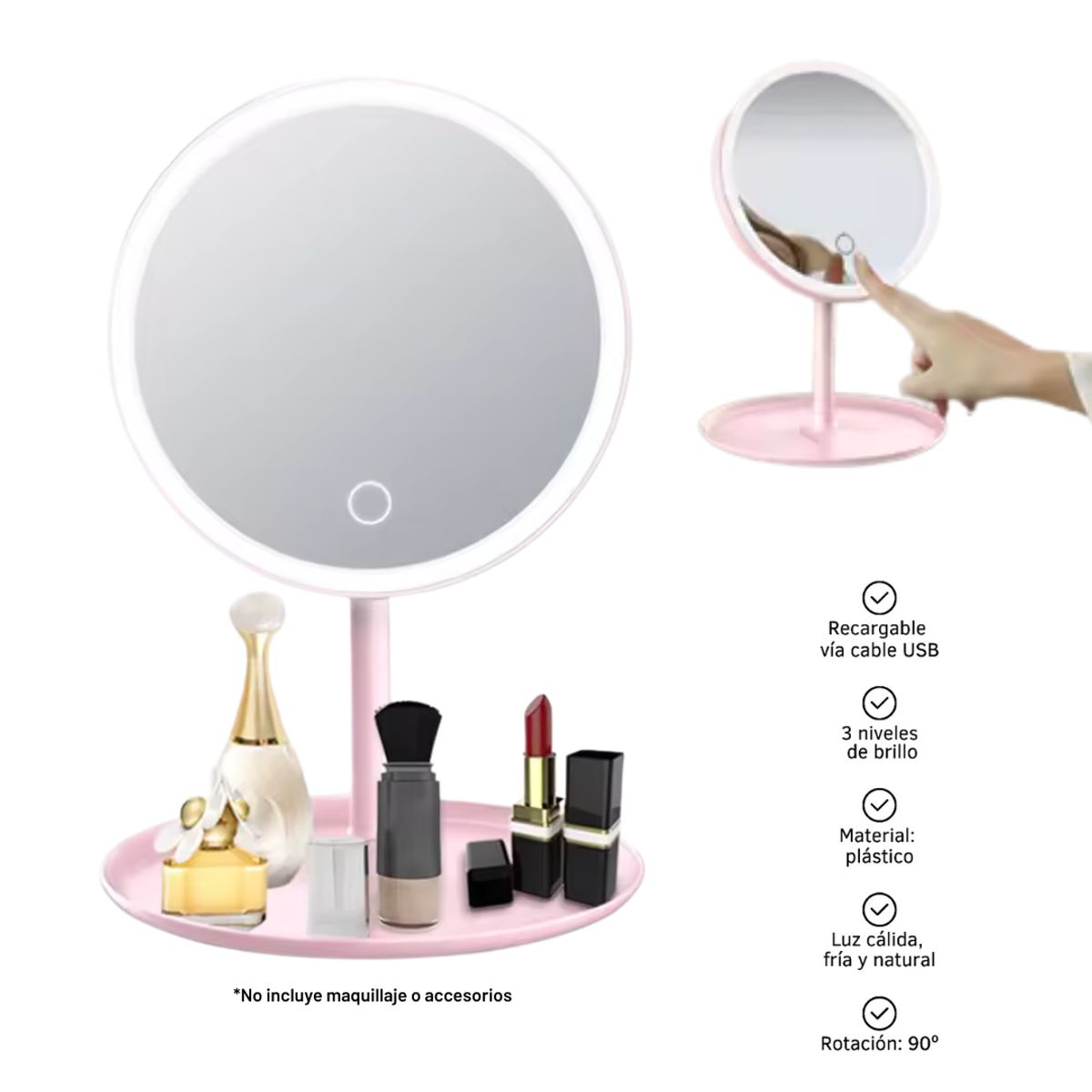 GENERICO - Espejo de maquillaje con luz Led ajustable con USB - Rosa