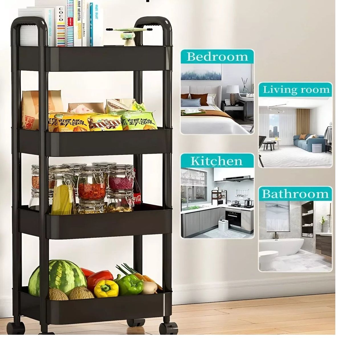 GENERICO - Estante Organizador Multiuso De 4 Niveles Con Asas y Ruedas