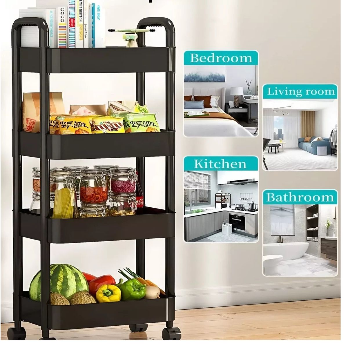 GENERICO - Estante Organizador Multiuso De 4 Niveles Con Asas y Ruedas