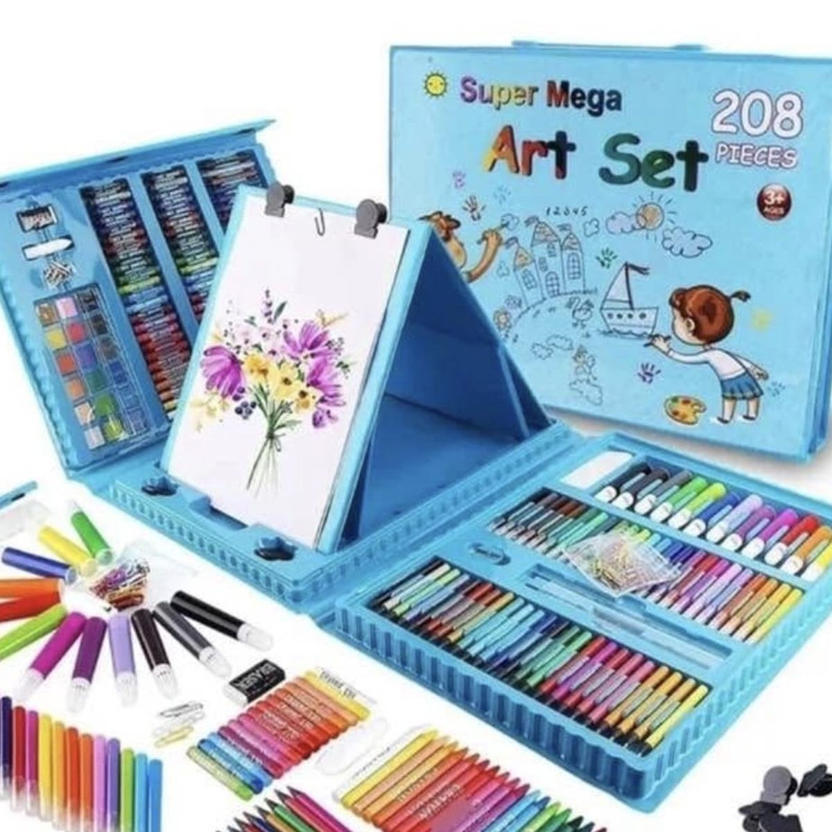 GENERICO - SET DE ARTE ESTUCHE DE COLORES 208 PIEZAS CELESTE