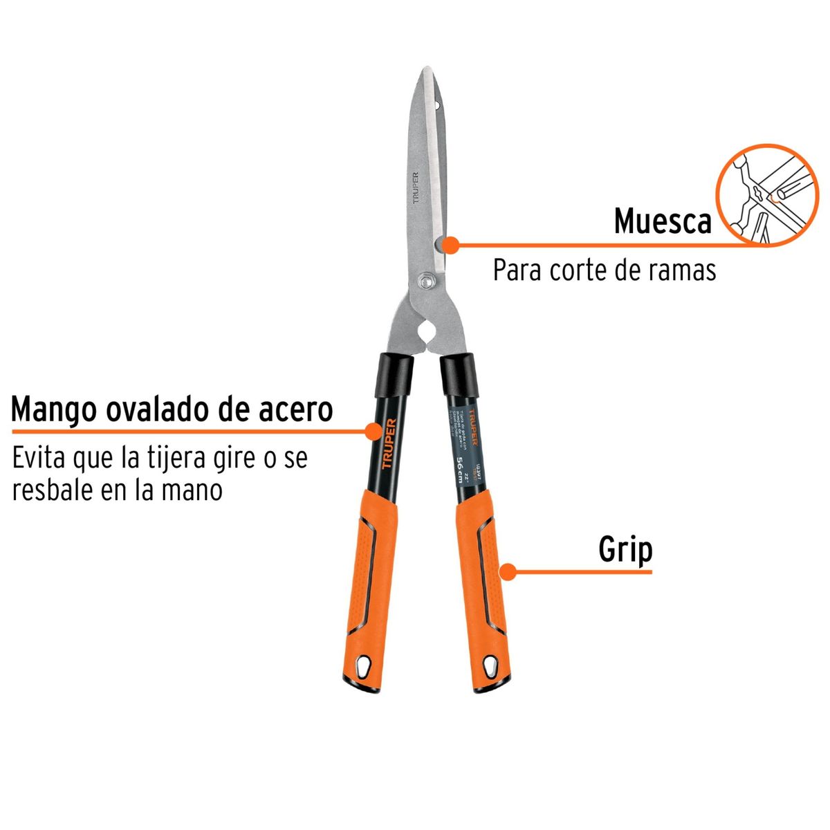 TRUPER - Tijera para poda 56 cm ligera, mangos tubulares, Truper