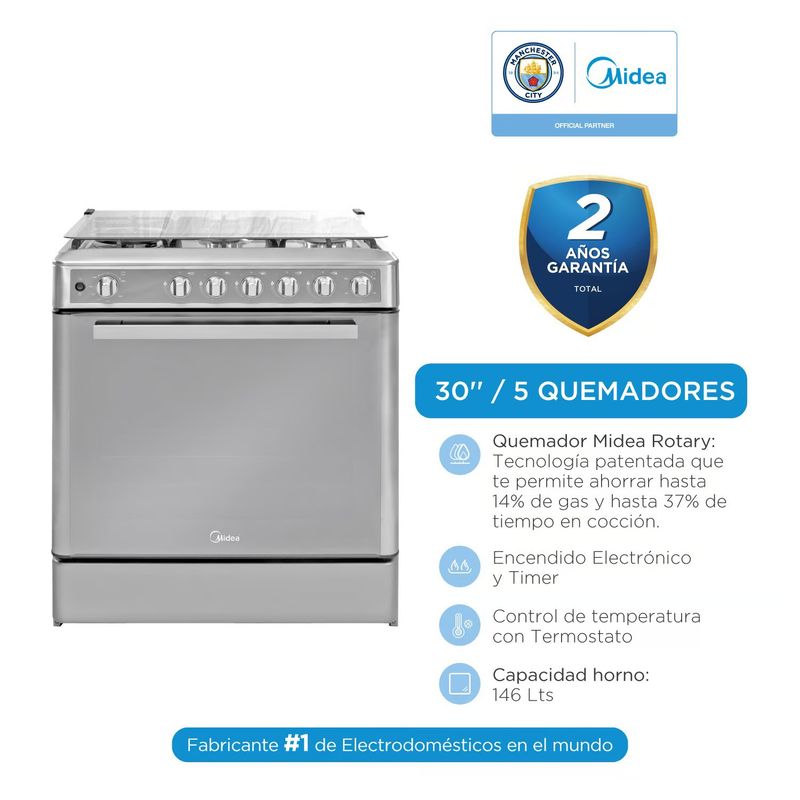 MIDEA - Cocina A Gas 30 5 Quemadores Acero Inox - Mgs30f2lccwss-pe