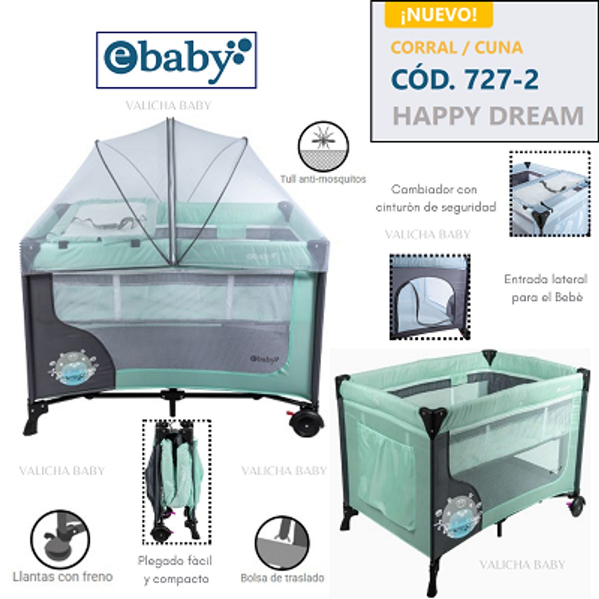 EBABY - CUNA CORRAL CON CAMBIADOR HAPPY DREAM - VERDE