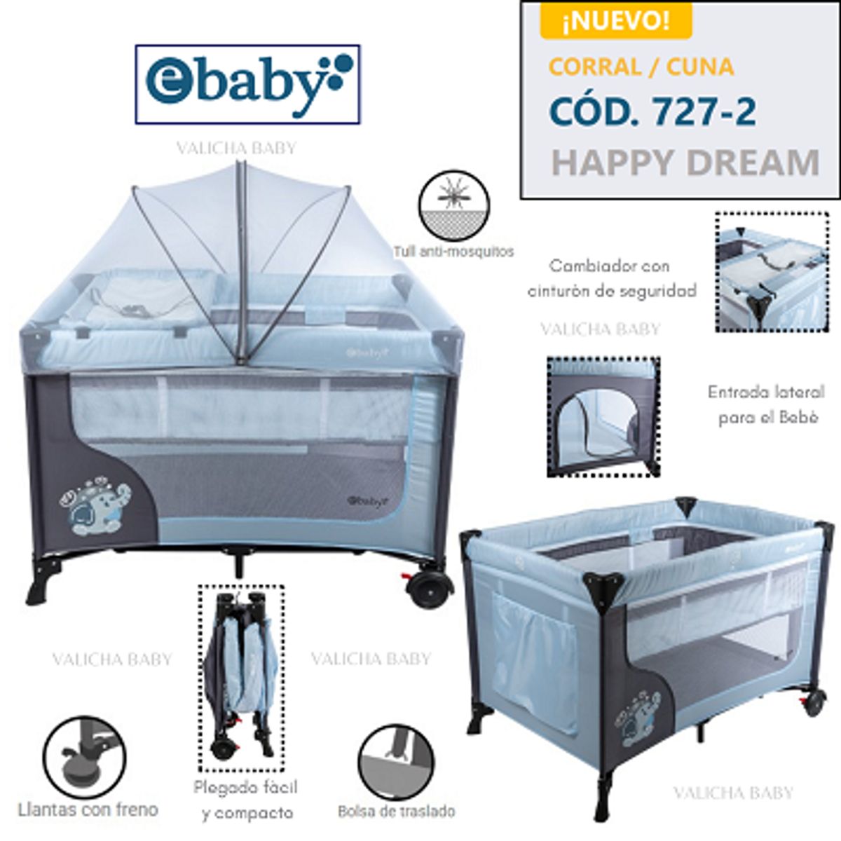 EBABY - CUNA CORRAL CON CAMBIADOR HAPPY DREAM - CELESTE
