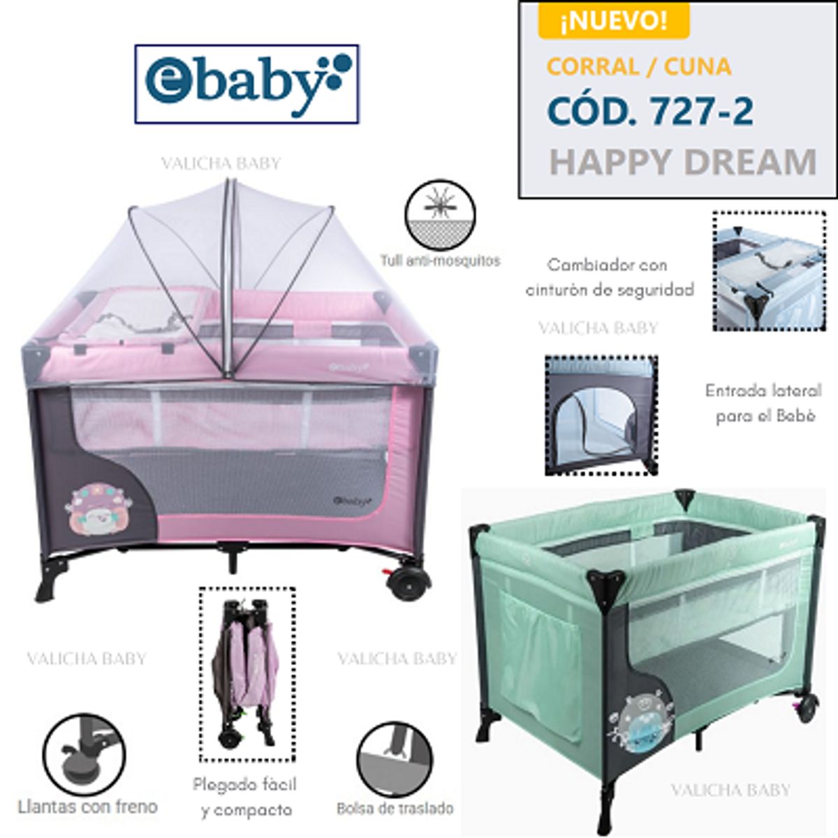 EBABY - CUNA CORRAL CON CAMBIADOR HAPPY DREAM - ROSADO