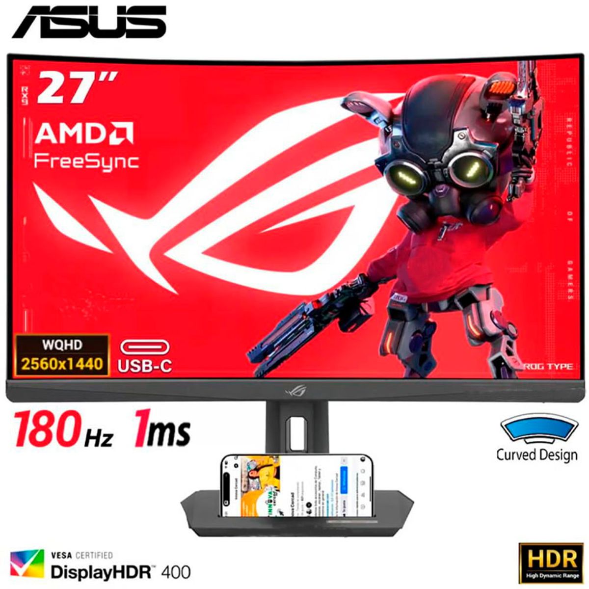 ASUS - Monitor ASUS XG27WCS 27 180HZ FAST VA 2560 x 1440 1MS HDMI DP