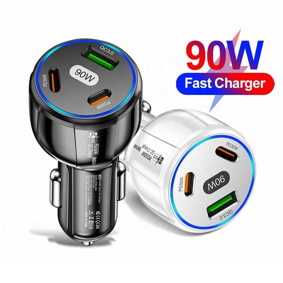 SMART - CARGADOR DE CELULAR 90W NEGRO PARA AUTO 3 PUERTOS USB Y USB-C RAPIDA