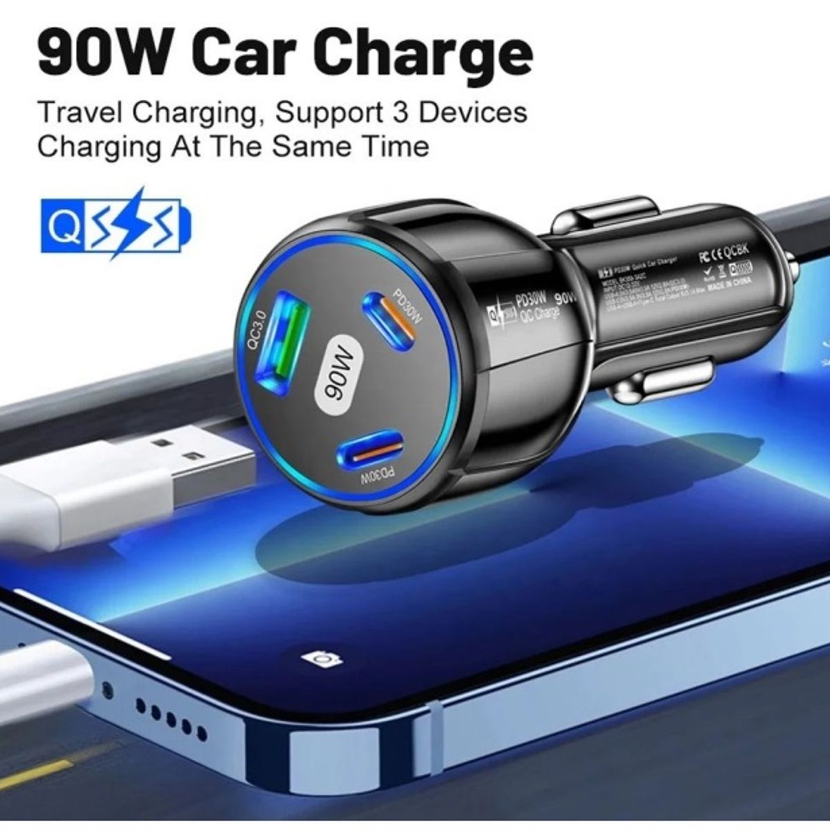 SMART - CARGADOR DE CELULAR 90W NEGRO PARA AUTO 3 PUERTOS USB Y USB-C RAPIDA