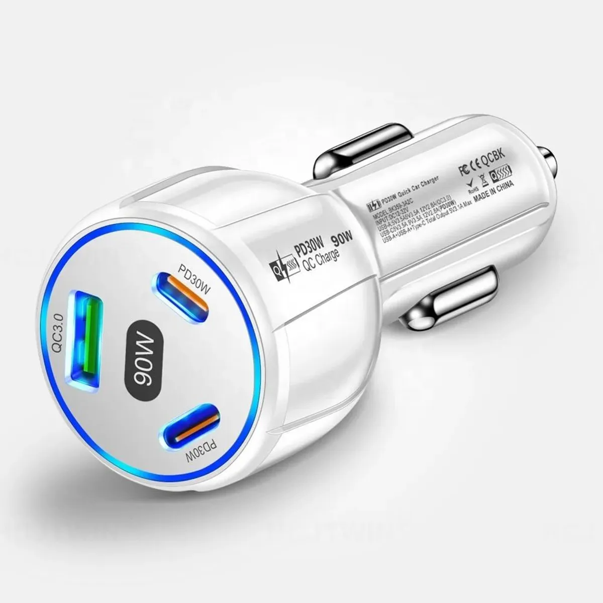 SMART - CARGADOR DE CELULAR 90W BLANCO PARA AUTO 3 PUERTOS USB Y USB-C RAPIDA