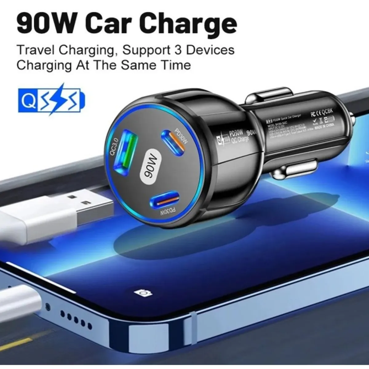 SMART - CARGADOR DE CELULAR 90W BLANCO PARA AUTO 3 PUERTOS USB Y USB-C RAPIDA