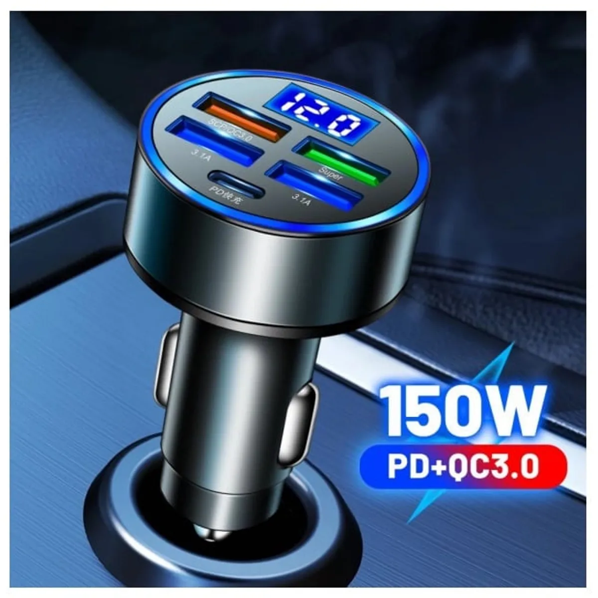 SMART - CARGADOR DE CELULAR 150W NEGRO PARA AUTO DE 5 PUERTOS USB Y USB-C