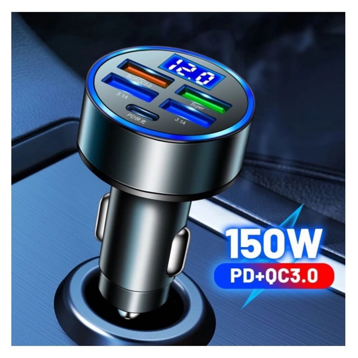 SMART - CARGADOR DE CELULAR 150W NEGRO PARA AUTO DE 5 PUERTOS USB Y USB-C