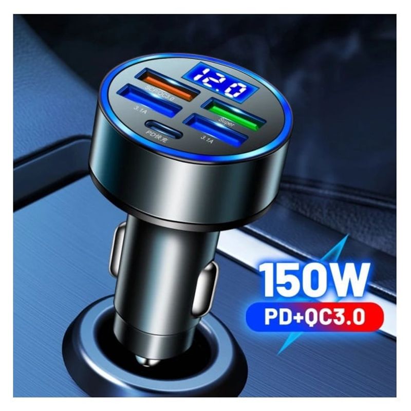 SMART - CARGADOR DE CELULAR 150W NEGRO PARA AUTO DE 5 PUERTOS USB Y USB-C