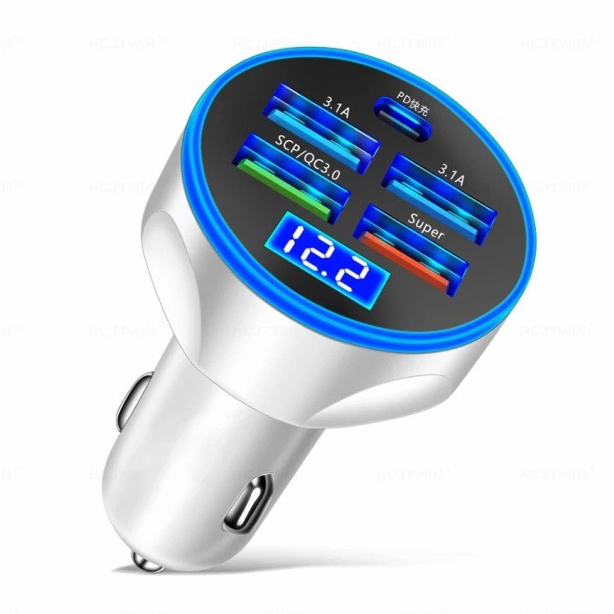 SMART - CARGADOR DE CELULAR 150W BLANCO PARA AUTO DE 5 PUERTOS USB Y USB-C