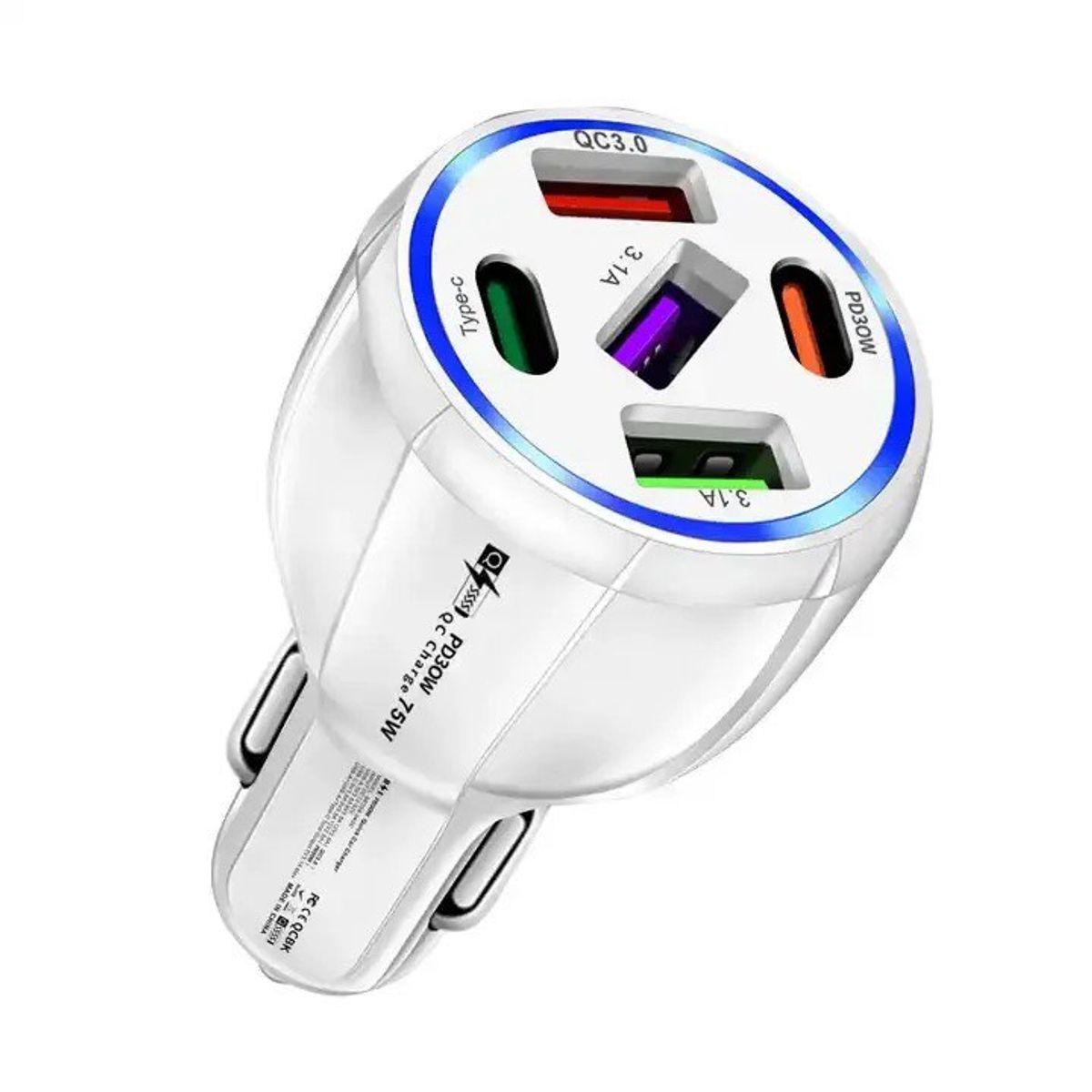 SMART - CARGADOR DE CELULAR 75W BLANCO PARA AUTO 5 PUERTOS USB y USB-C