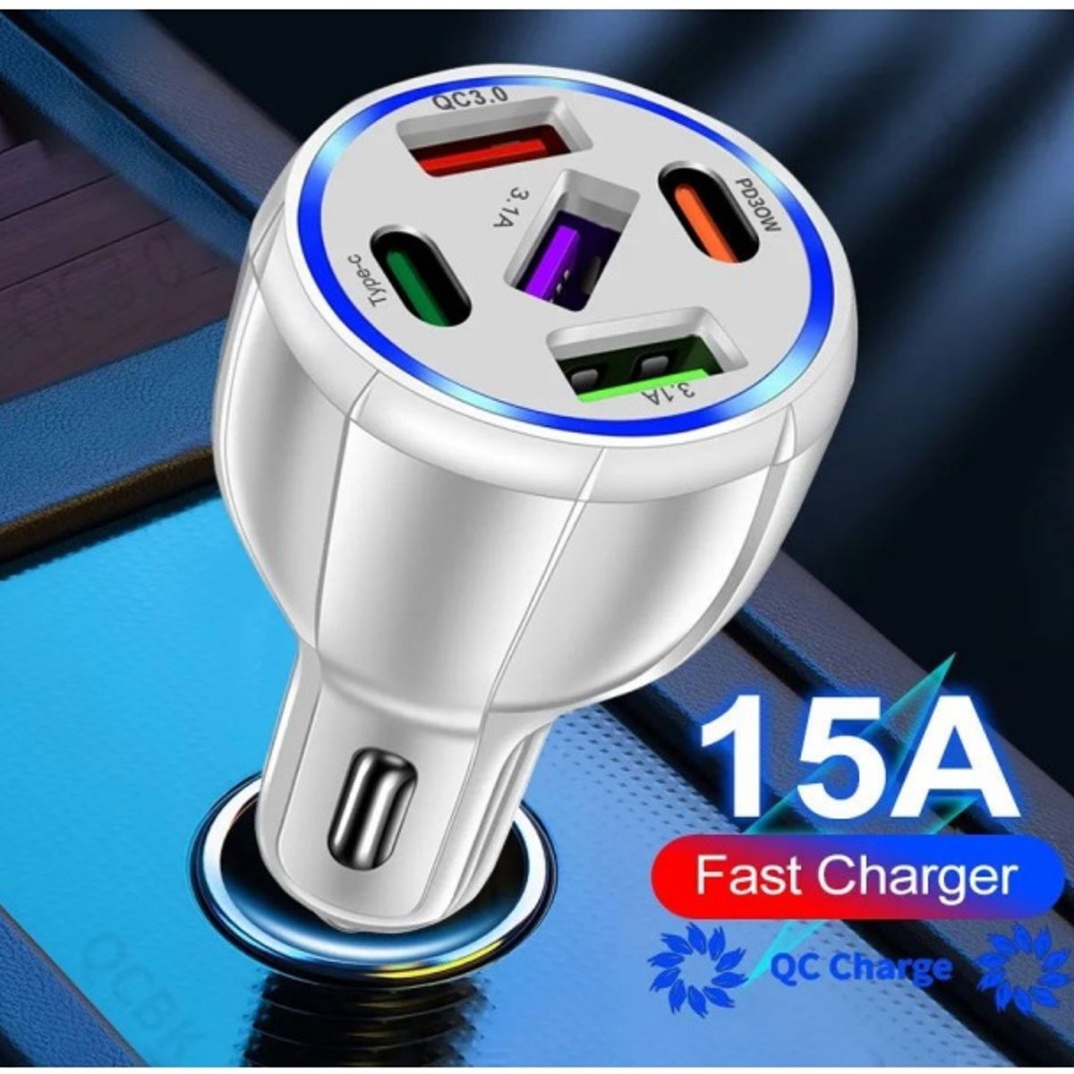 SMART - CARGADOR DE CELULAR 75W BLANCO PARA AUTO 5 PUERTOS USB y USB-C