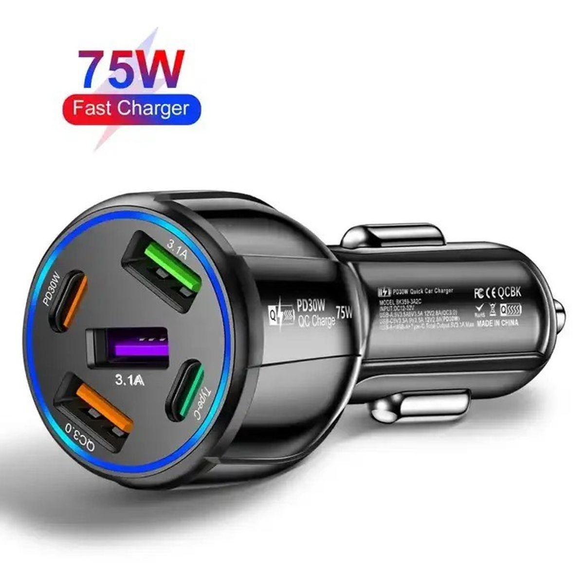 SMART - CARGADOR DE CELULAR 75W NEGRO PARA AUTO 5 PUERTOS USB y USB-C