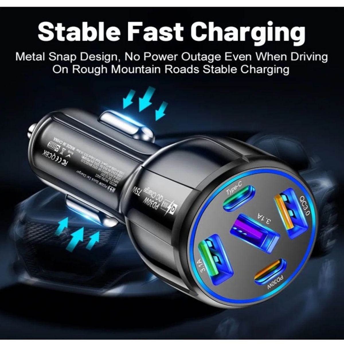 SMART - CARGADOR DE CELULAR 75W NEGRO PARA AUTO 5 PUERTOS USB y USB-C