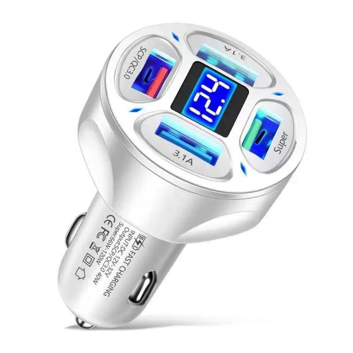 SMART - CARGADOR DE CELULAR 66W BLANCO DE AUTO 4 PUERTOS USB PANTALLA DIGITAL