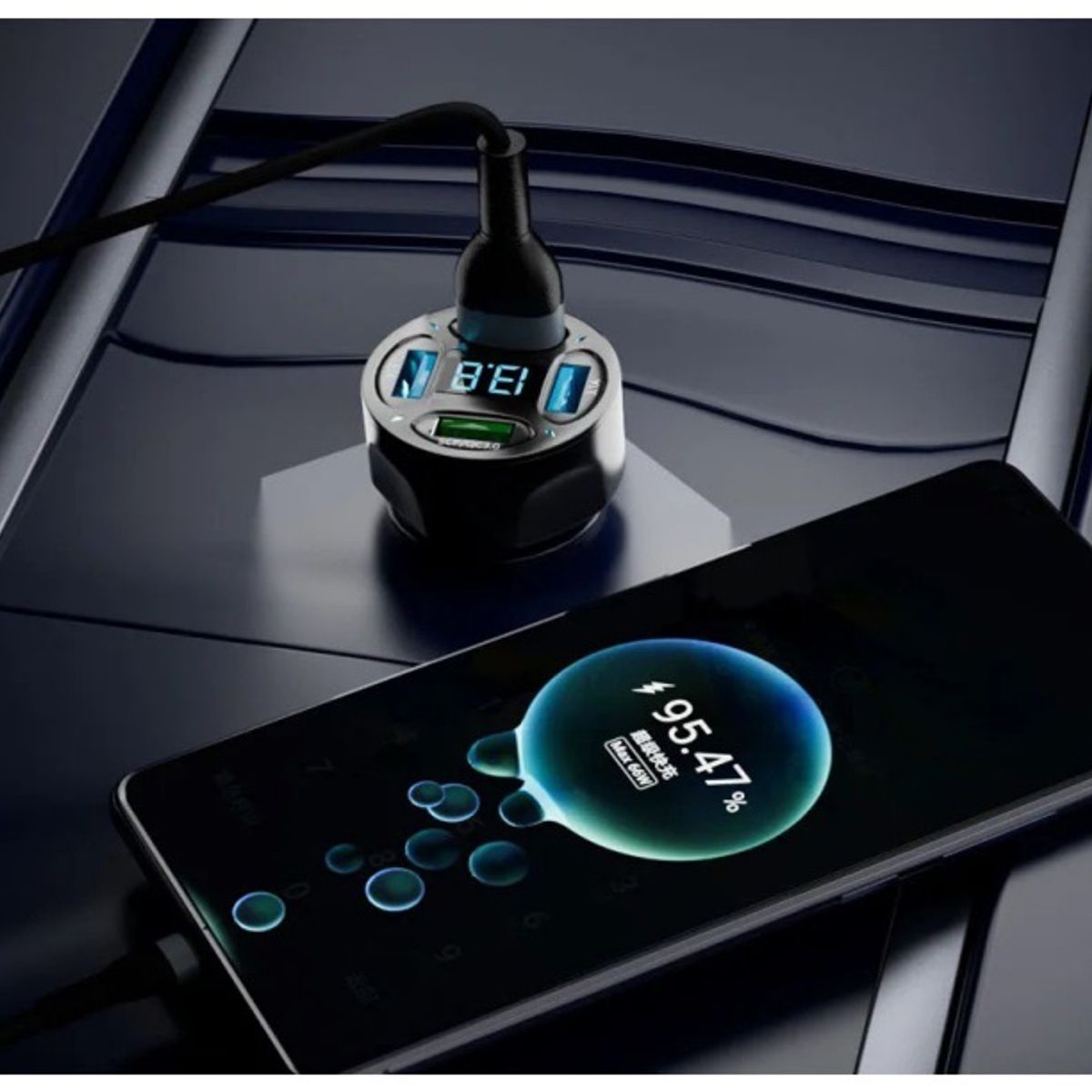 SMART - CARGADOR DE CELULAR 66W BLANCO DE AUTO 4 PUERTOS USB PANTALLA DIGITAL