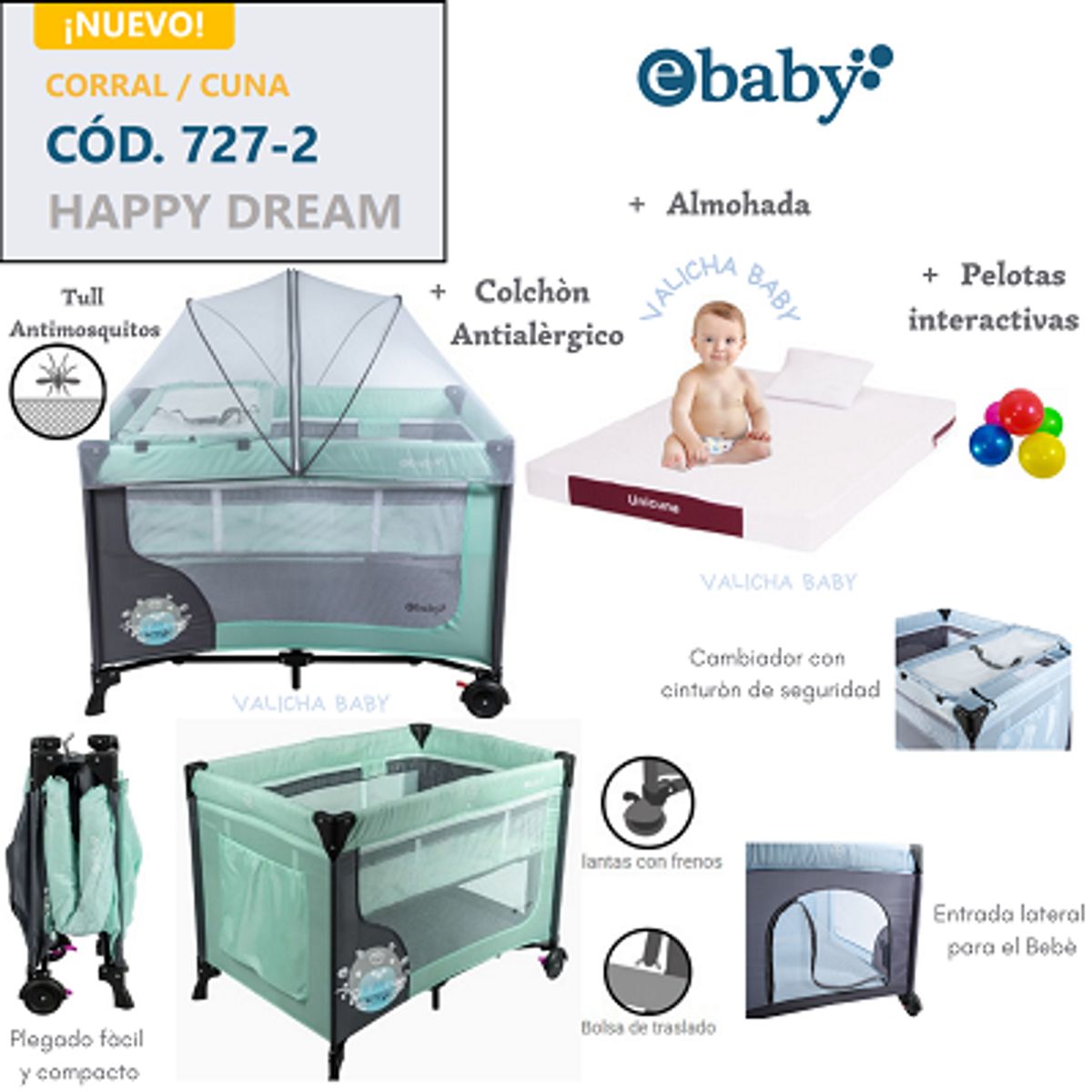 EBABY - CUNA CORRAL CON CAMBIADOR HAPPY DREAM - VERDE + COLCHON