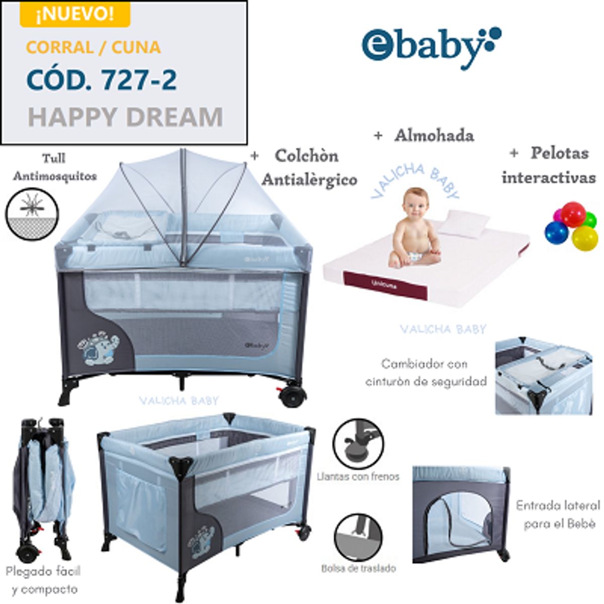 EBABY - CUNA CORRAL CON CAMBIADOR HAPPY DREAM - CELESTE + COLCHON