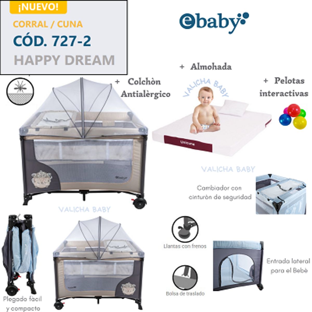 EBABY - CUNA CORRAL CON CAMBIADOR HAPPY DREAM - BEIGE + COLCHON