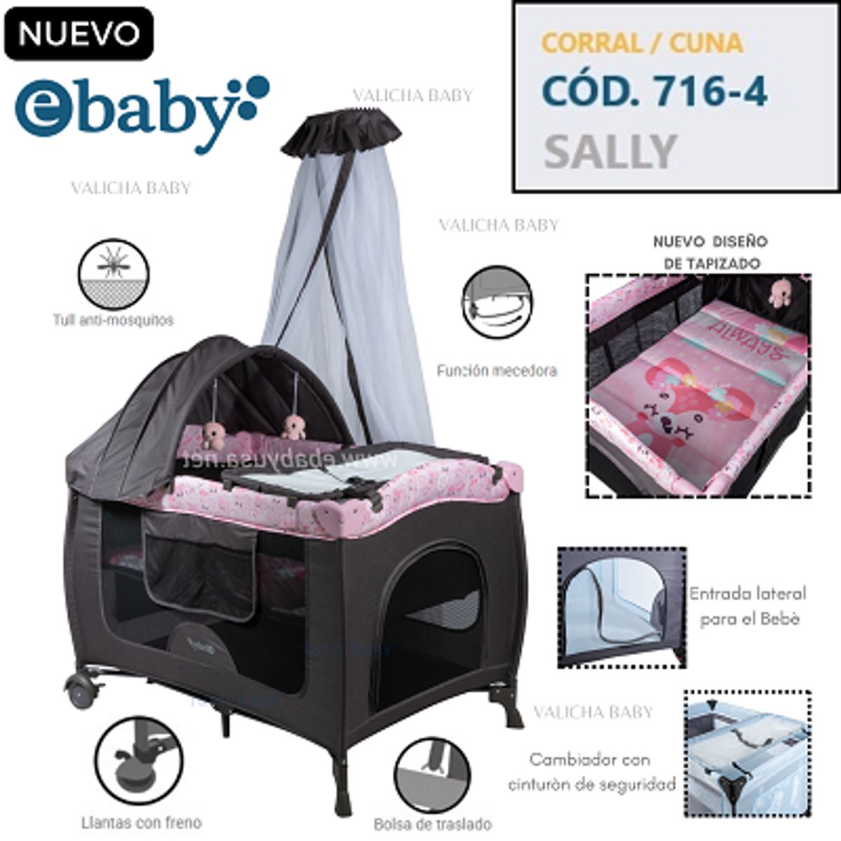 EBABY - CUNA CORRAL CON MECEDORA SALLY 716-4 -ROSADO