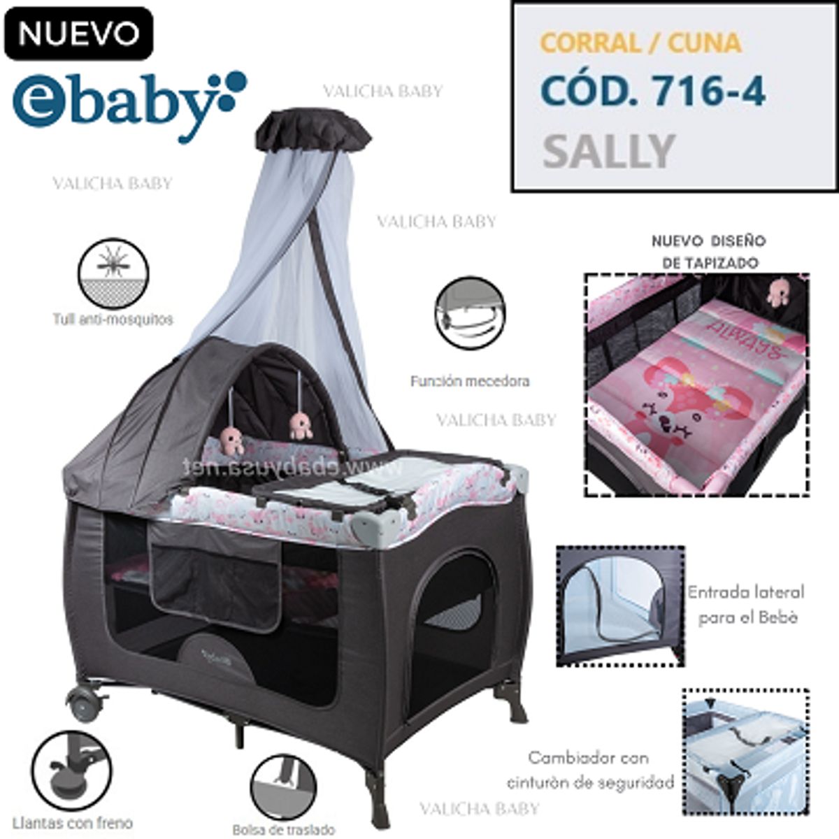 EBABY - CUNA CORRAL CON MECEDORA SALLY 716-4 - GRIS ROSADO