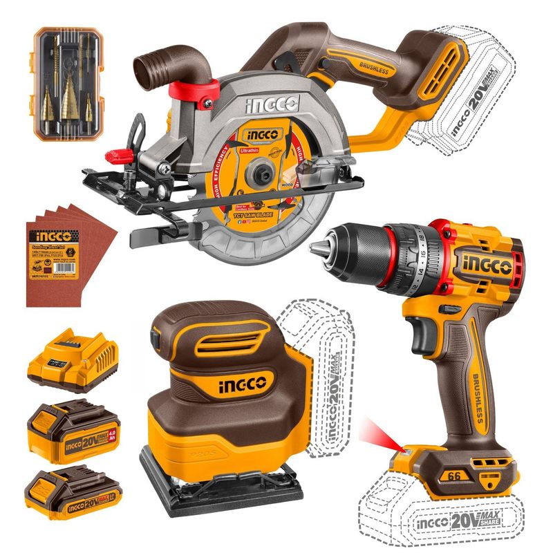 INGCO TOOLS - Combo taladro percutor 66nm + sierra circular + lijadora 20v Ingco