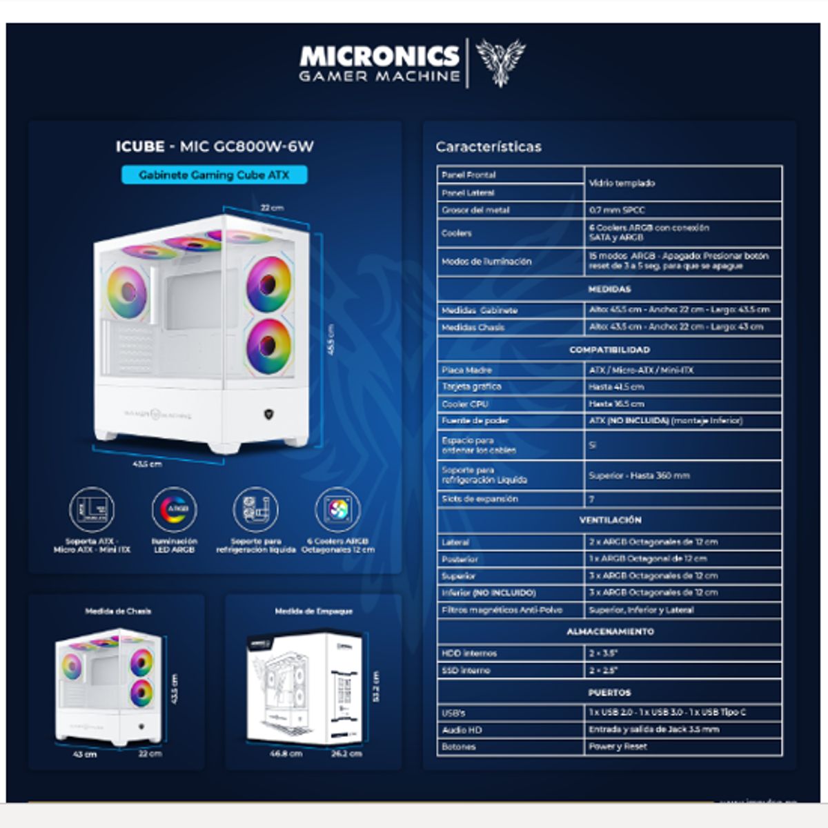 MICRONICS - Case Gamer ICUBE WHITE MIC GC800-6W 4FAN RGB MICRONICS