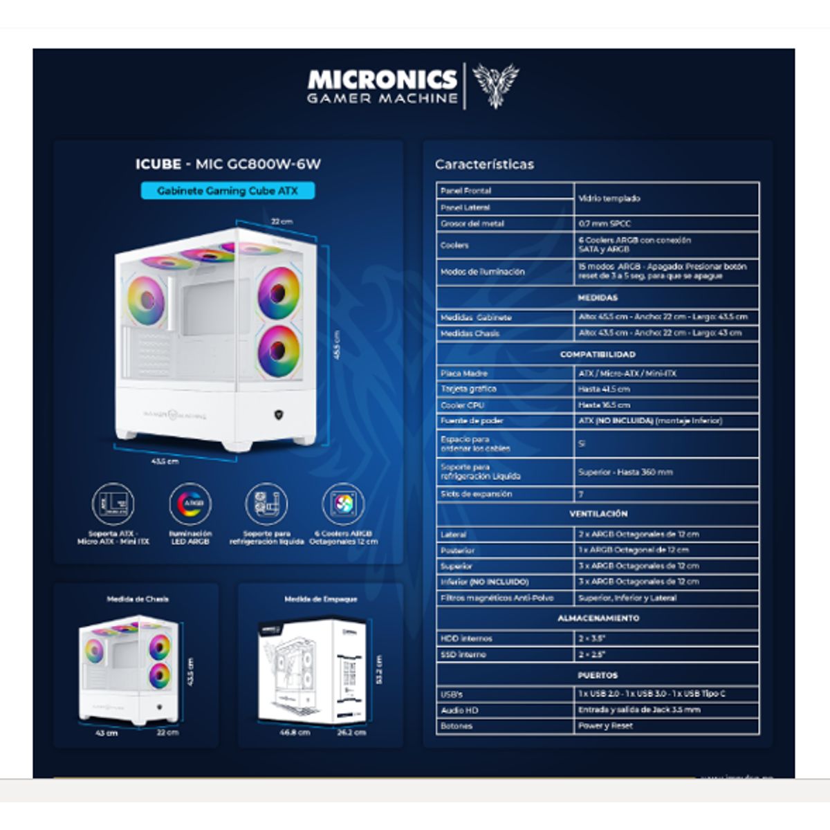MICRONICS - Case Gamer ICUBE WHITE MIC GC800-6W 4FAN RGB MICRONICS