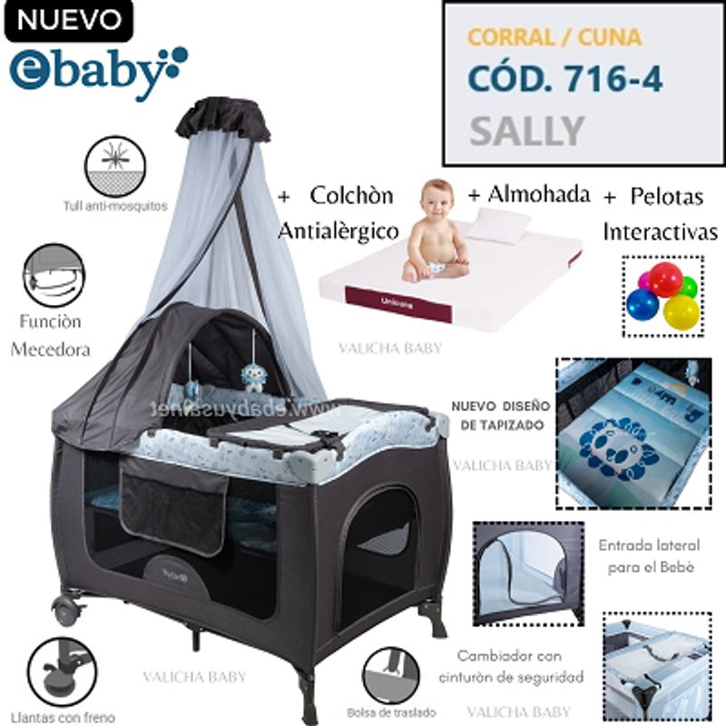 EBABY - CUNA CORRAL CON MECEDORA SALLY 716-4 - GRIS AZUL + COLCHON