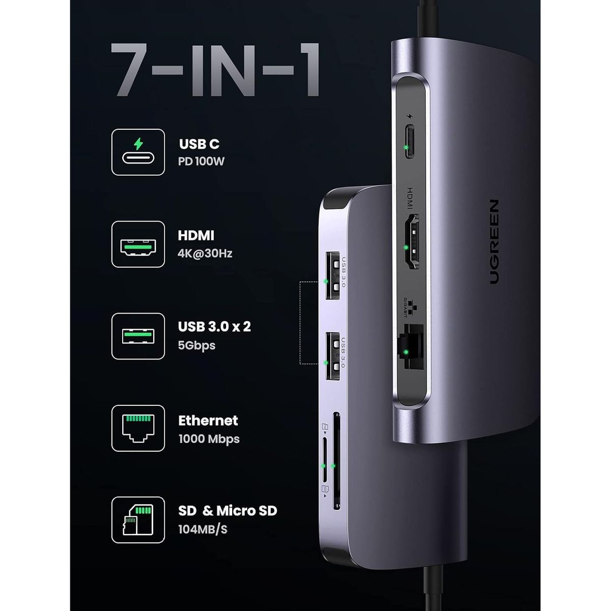UGREEN - Ugreen Hub 7 en 1 USB-C a HDMI 4K Ethernet USB 3.0 SD CM212 - 50852