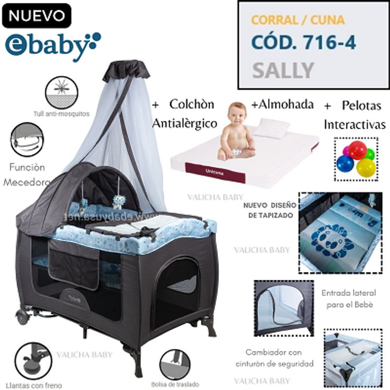 EBABY - CUNA CORRAL CON MECEDORA SALLY 716-4 - AZUL + COLCHON