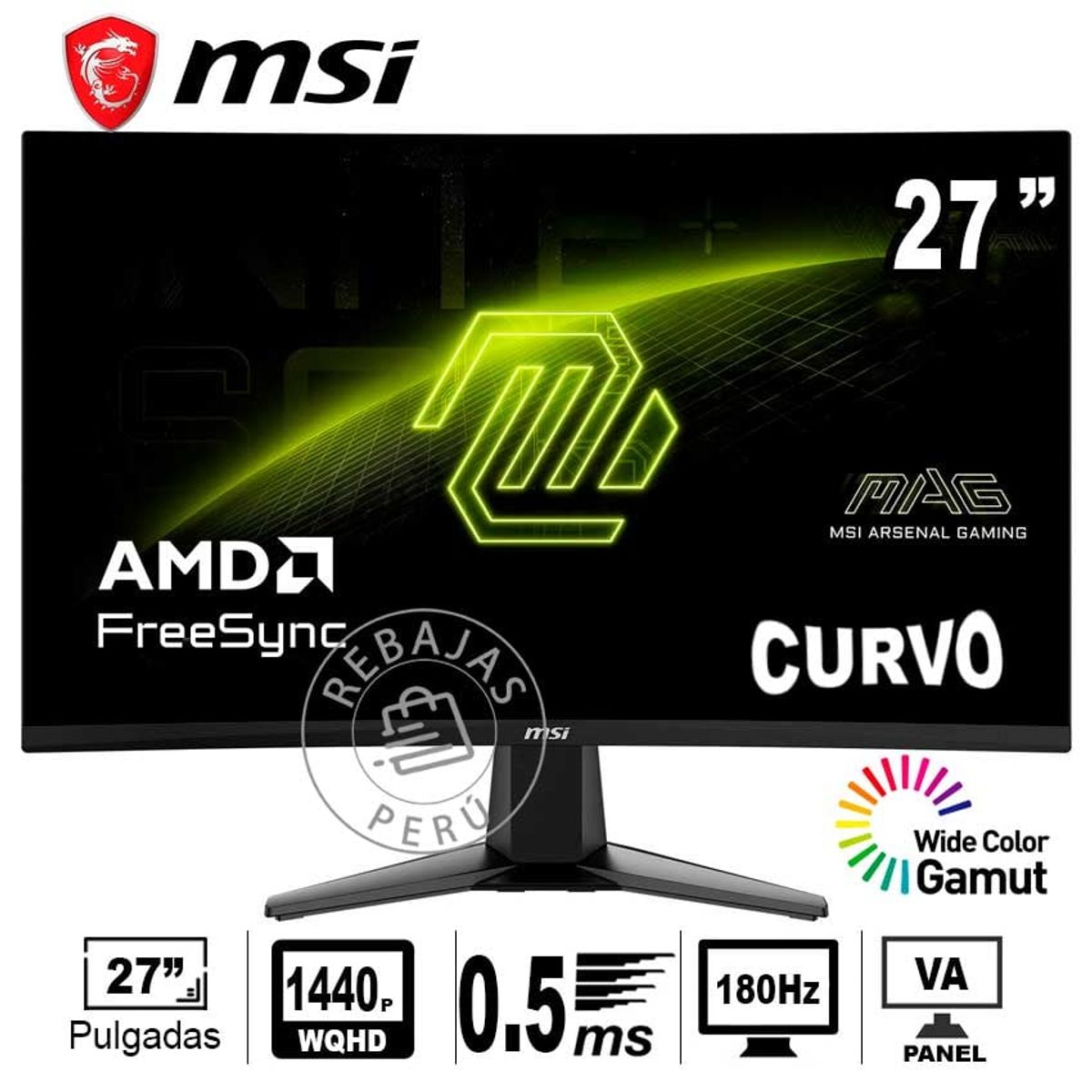 MSI - Monitor MSI MAG-27CQ6F 27 WQHD 180Hz 05ms Curvo FreeSync