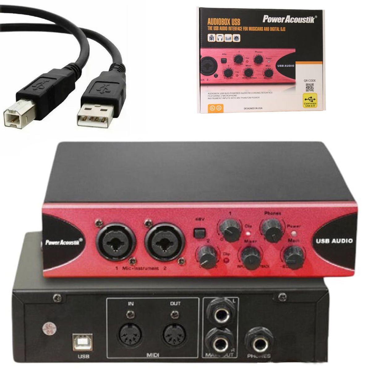 POWER ACOUSTIK - Interfaz de audio portatil USB DJ karaoke 48V 2 entradas midi guitarra