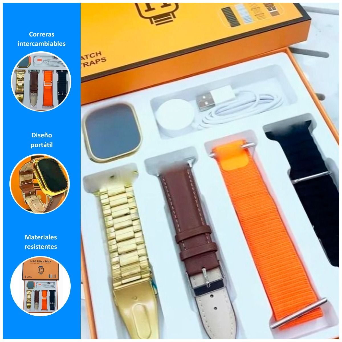 GENERICO - Smartwatch H10 Ultra Max con cargador inalámbrico y 4 Correas