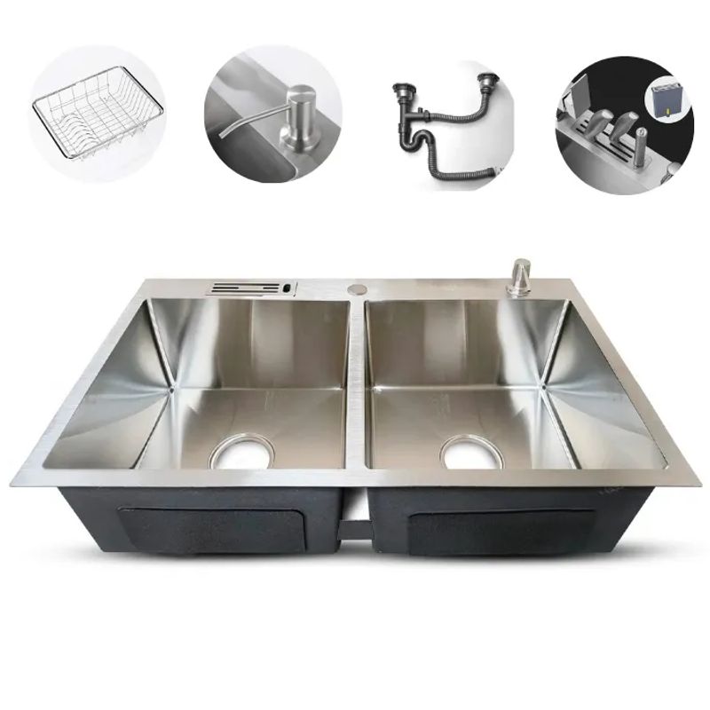 FRATELLI - LAVADERO DE COCINA ACERO 2POZAS CON PORTA CUCHILLOS PLOMO PRM-8448S