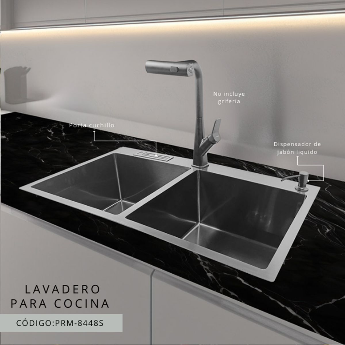 FRATELLI - LAVADERO DE COCINA ACERO 2POZAS CON PORTA CUCHILLOS SATINADO PRM-8448S
