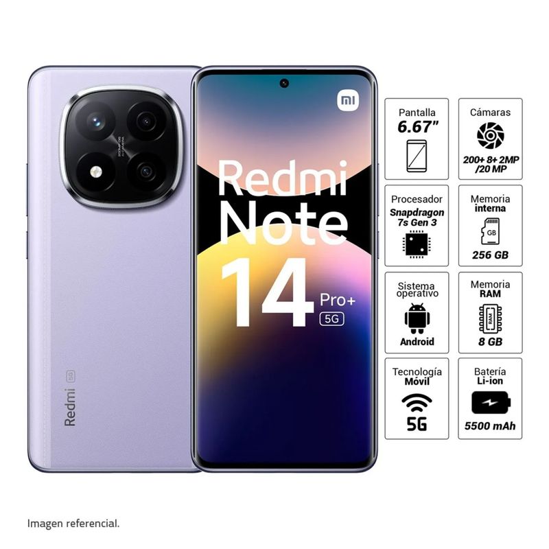 XIAOMI - CELULAR REDMI NOTE 14 PRO PLUS 5G 8GB 256 GB VIOLETA LAVANDA