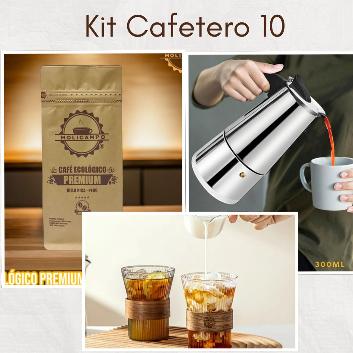 GENERICO - Kit cafetero 10 Moka 6 tz + café premiun + 2 taza 250 ml
