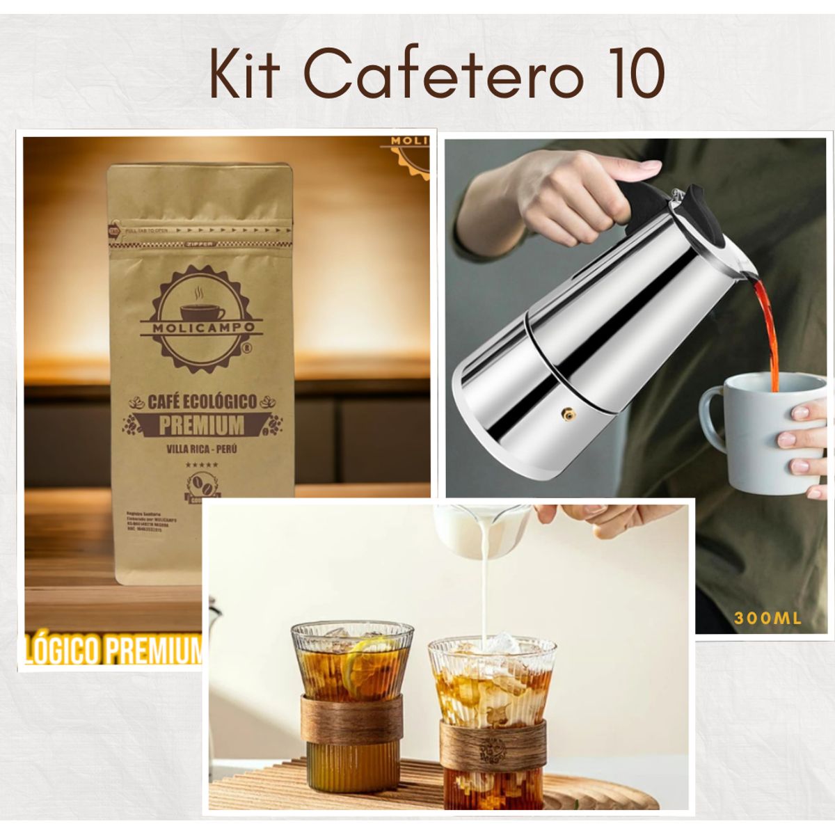 GENERICO - Kit cafetero 10 Moka 6 tz + café premiun + 2 taza 250 ml