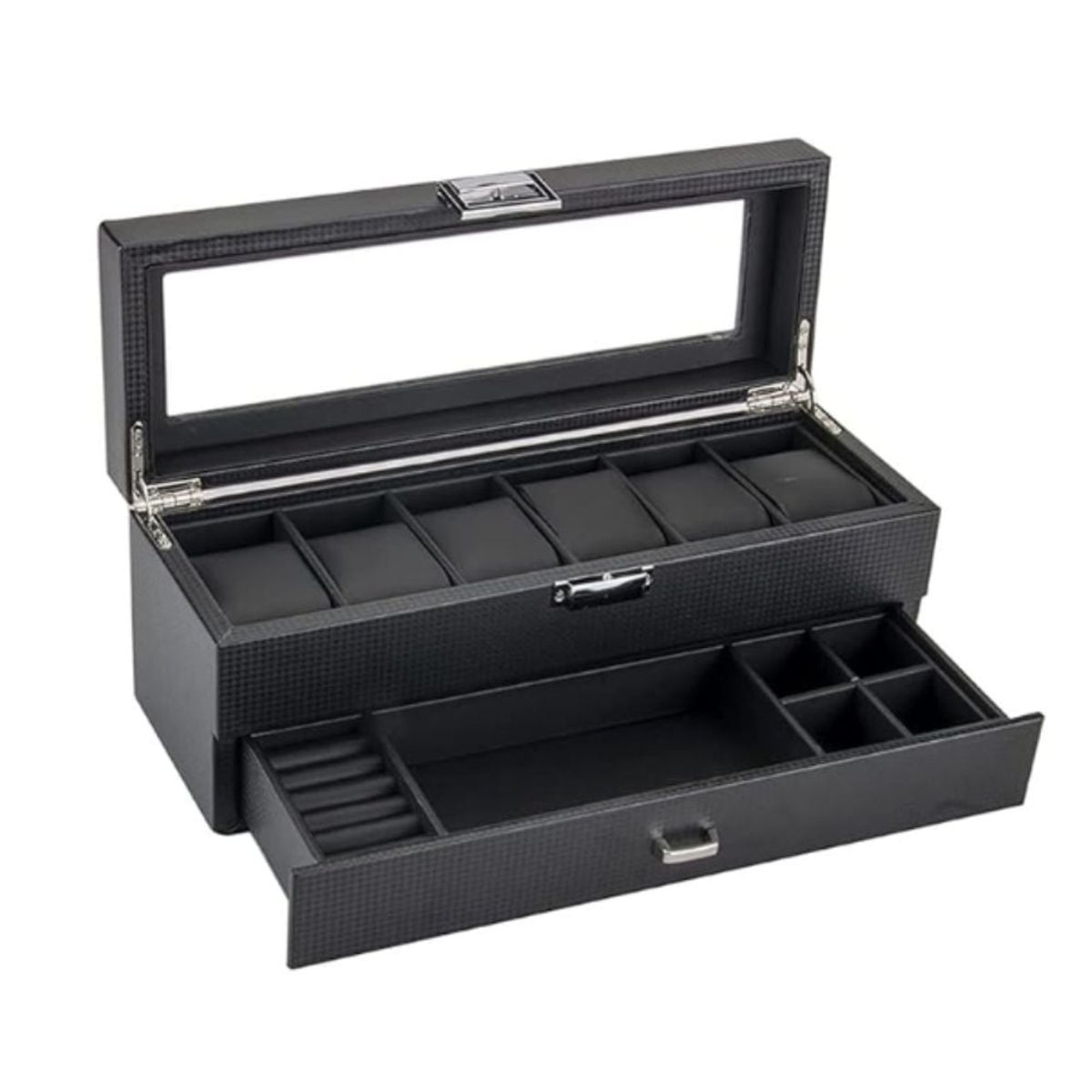 GENERICO - Porta Relojes Estilo de carbono para 6 Relojes mas joyero