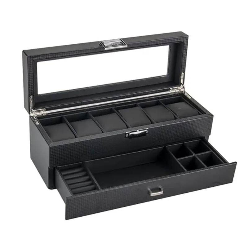 GENERICO - Porta Relojes Estilo de carbono para 6 Relojes mas joyero