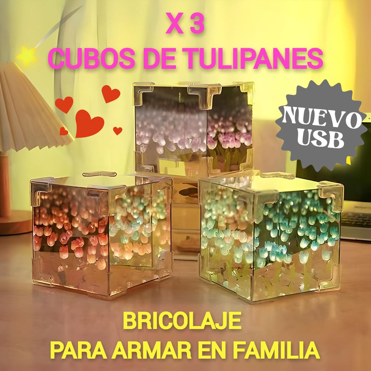 GENERICO - 3 LÁMPARAS CUBO DE TULIPANES CON USB EFECTO INFINITO PARA ARMAR