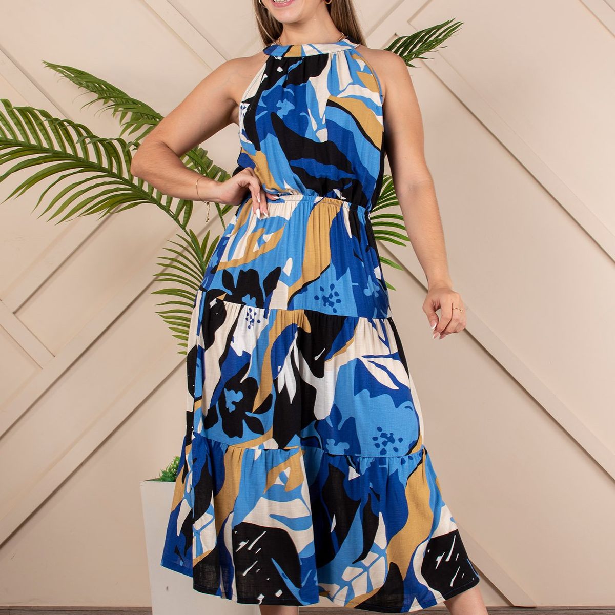 ARMA TU LOOK - VESTIDO AMORE LARGO MIDI CUELLO HALTER LINO ESTAMPADO ARMA TU LOOK