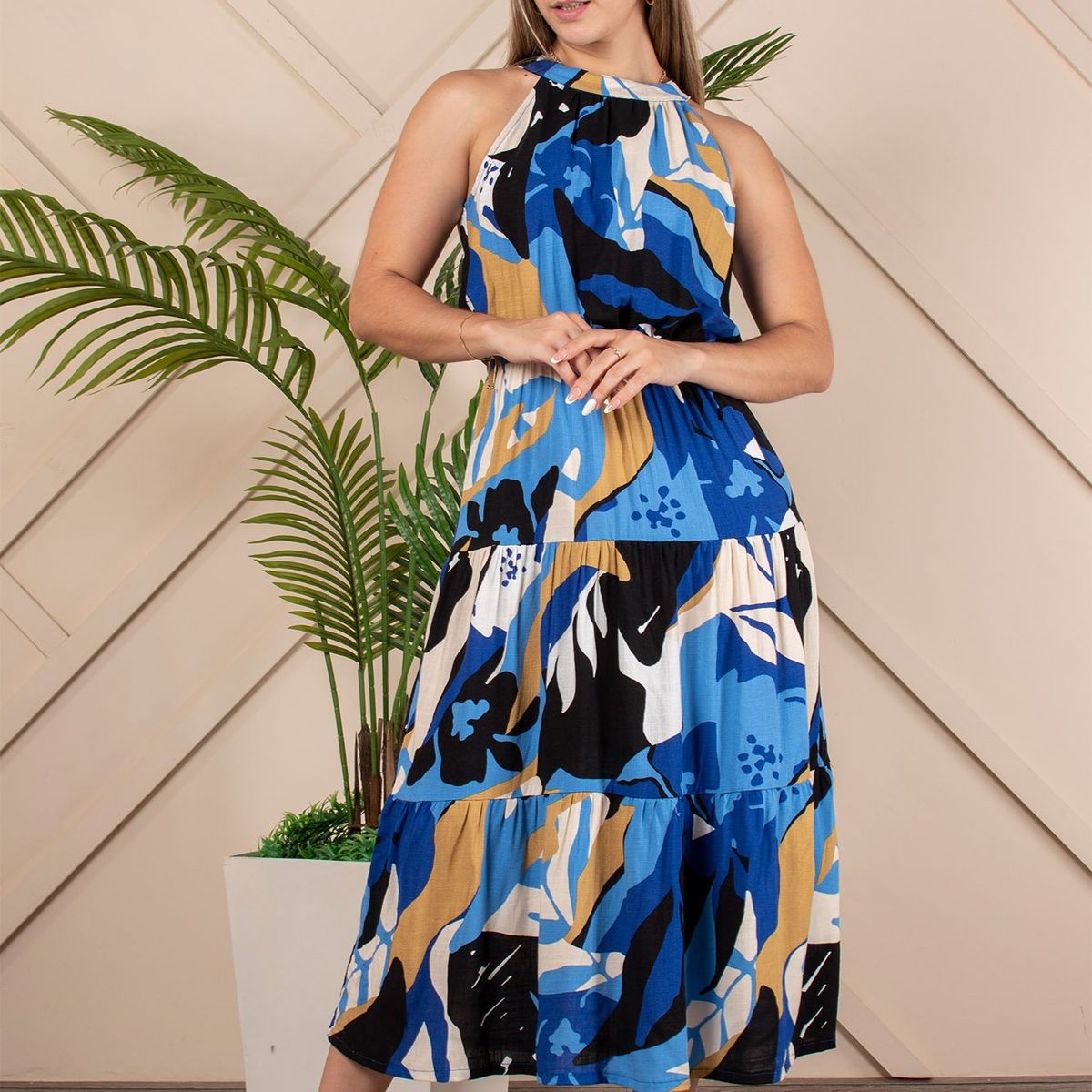 ARMA TU LOOK - VESTIDO AMORE LARGO MIDI CUELLO HALTER LINO ESTAMPADO ARMA TU LOOK