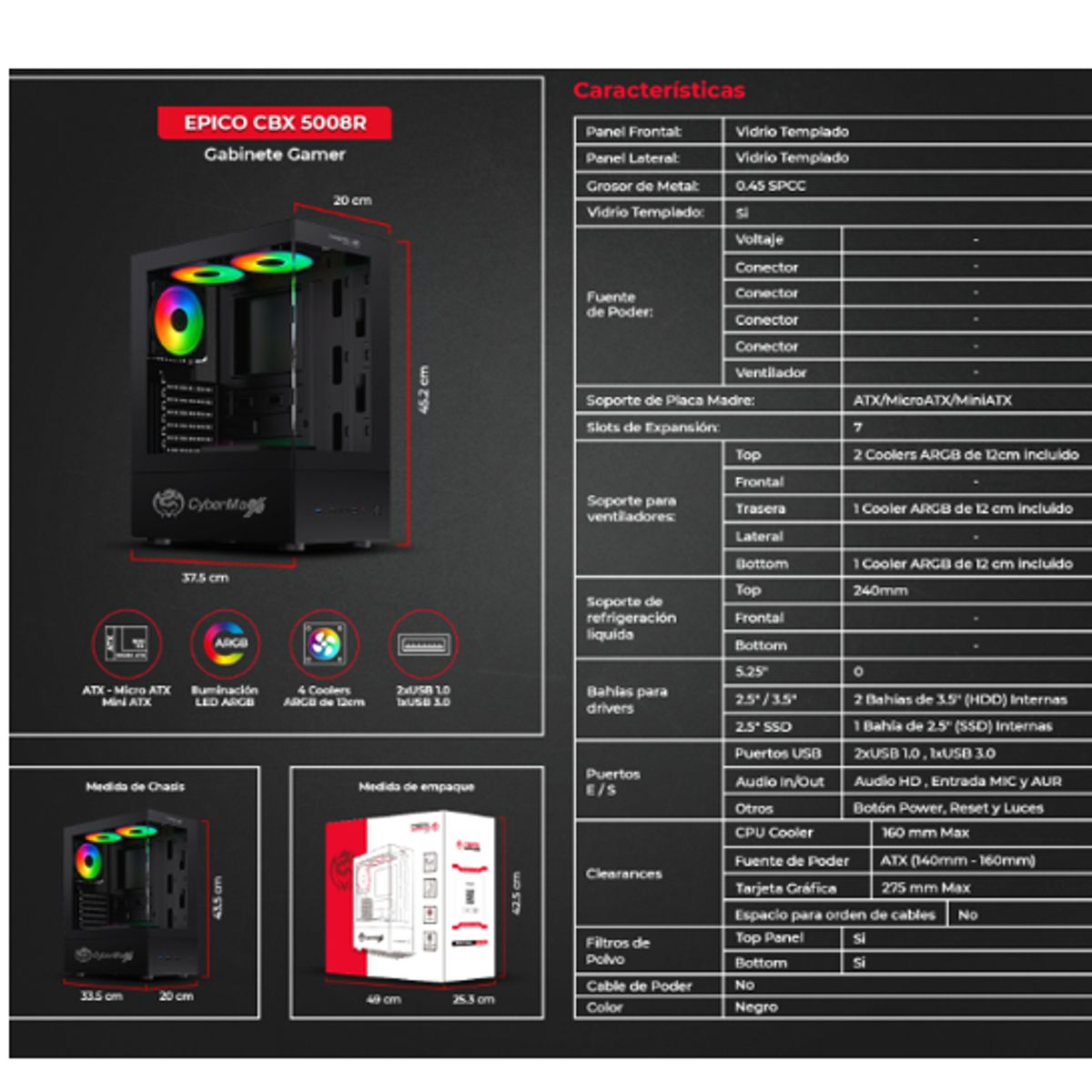 CYBERTEL - Case Gamer EPICO CBX5008R ARGB 4FAN  CYBERTEL