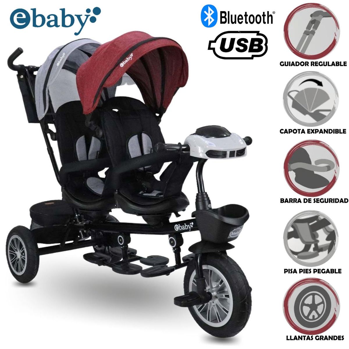 EBABY - Triciclo Guiador EBABY GEMELAR RedGray